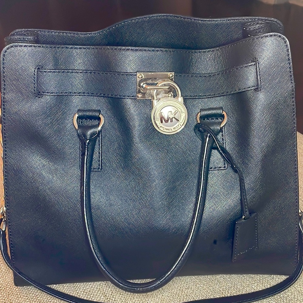 Michael Kors Hamilton Large Saffiano Tote Bag, Black with Silver Hardware